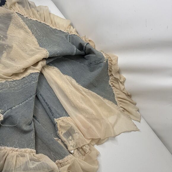 VTG Y2K Boho Fairycore Denim Ruffle Skirt Asymmetrical Lace Beaded Sz S Festival - Picture 14 of 14